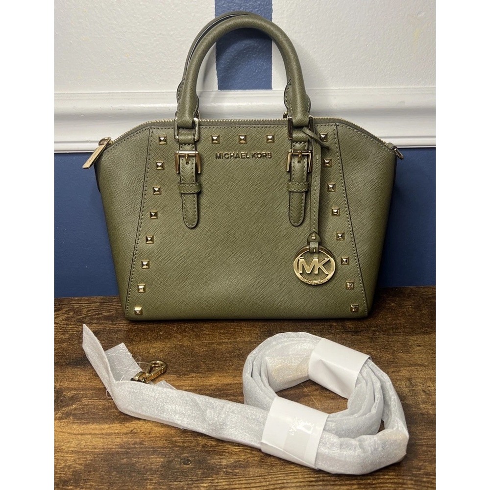 Michael Kors Womens Ciara Green Gold Studded Medium Messenger Leather Purse